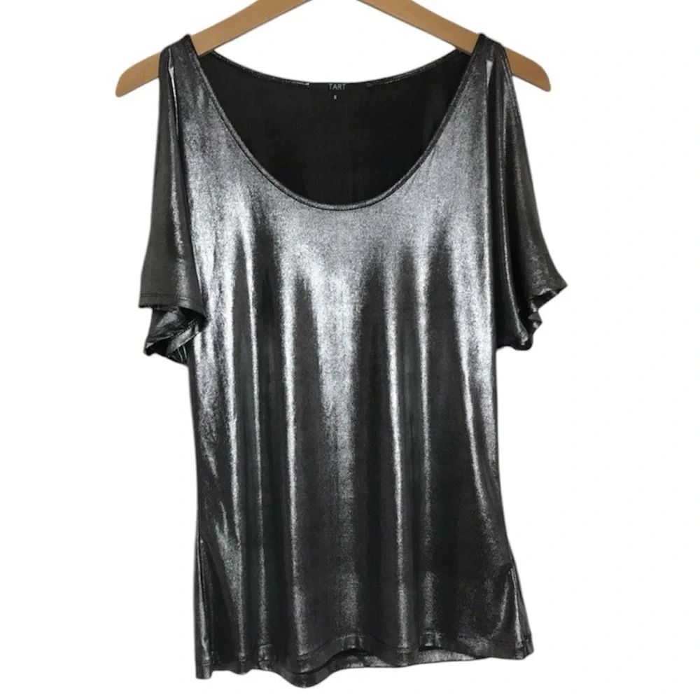 Tart Metallic Cold Shoulder Top Silver Black Y2K Party Blouse S